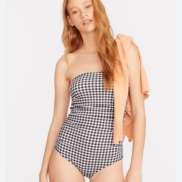 J. Crew Blue and White Ruched Bandeau One-Piece Gingham Bathing Suit Size 20 - Picture 2 of 9